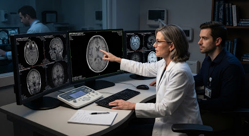 Neurologist reviewing brain MRI scans